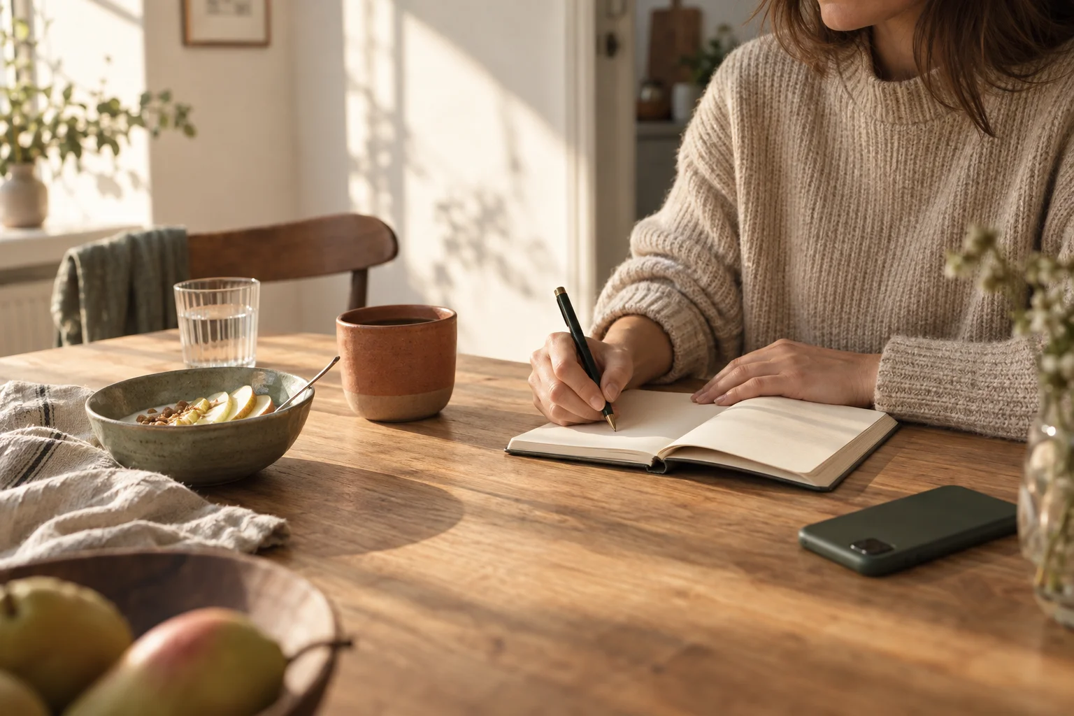 A quiet morning: a person writes in a notebook beside breakfast and coffee.