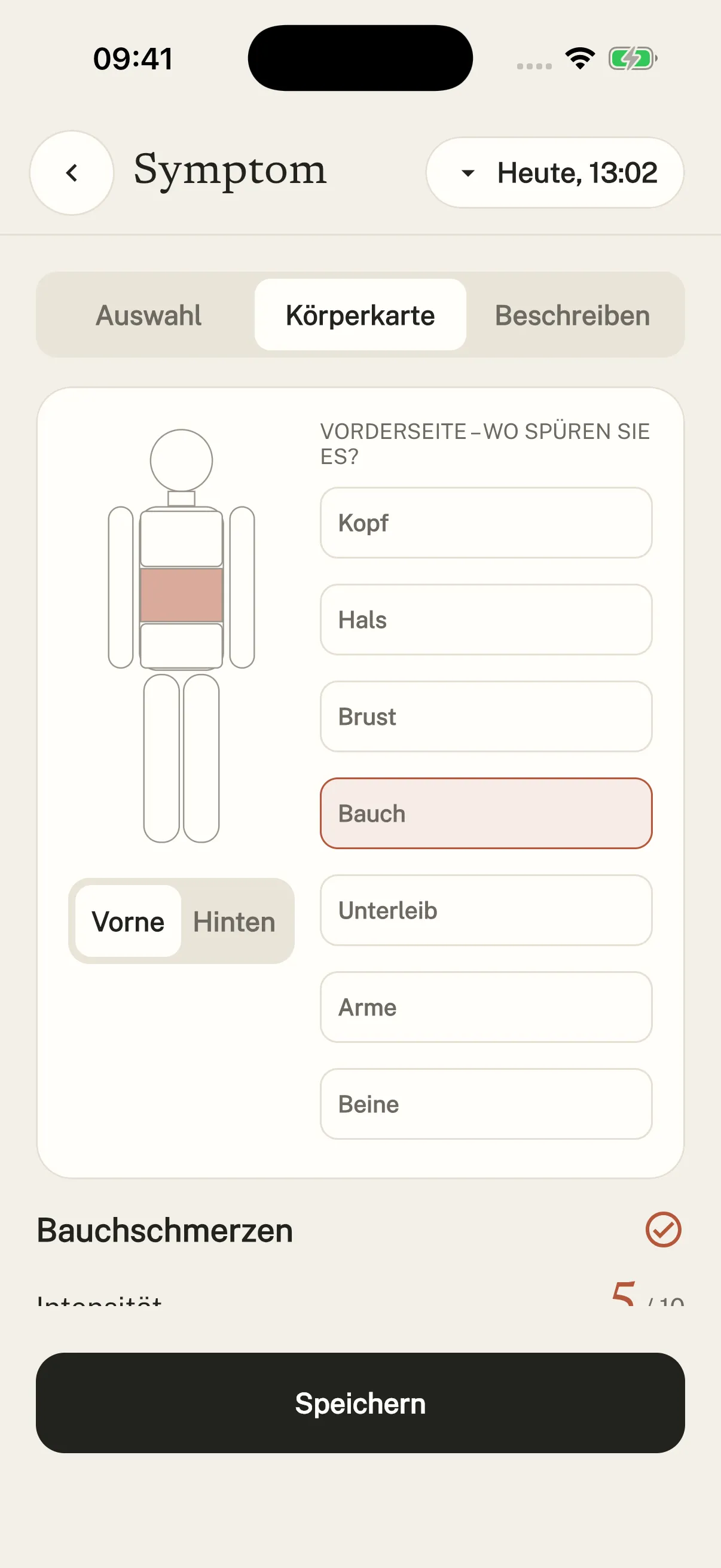 Original Symtag screenshot (German interface): Body map · front.