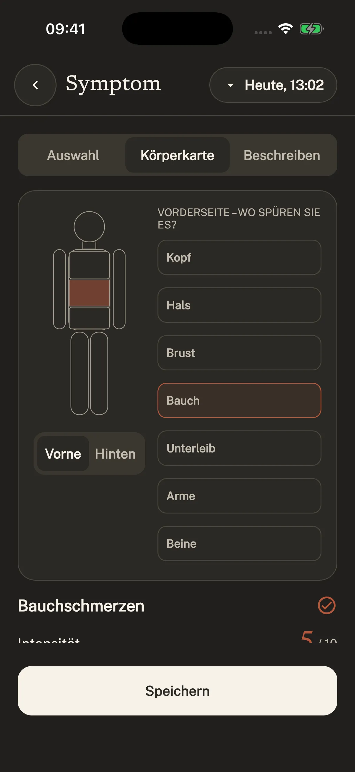 Original Symtag screenshot (German interface): Body map · front.
