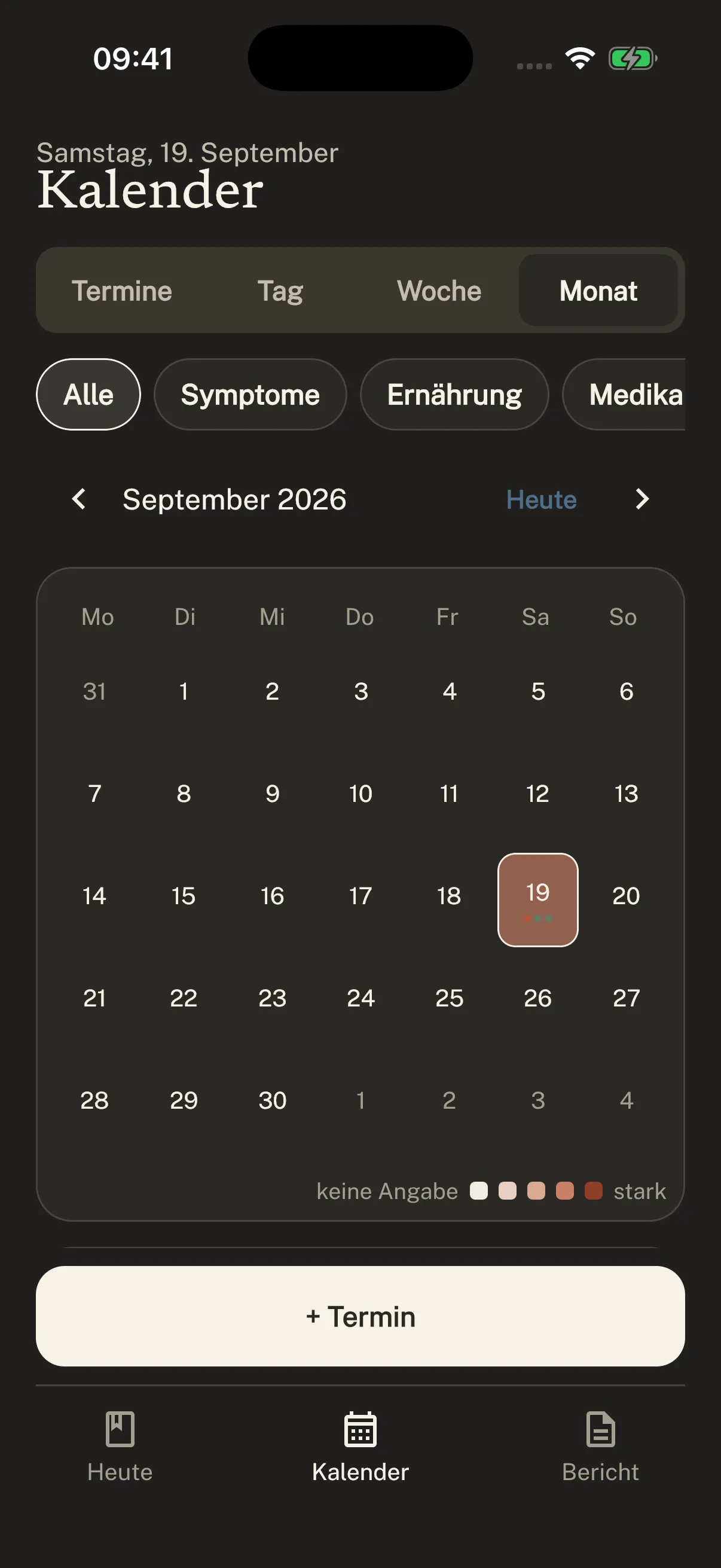 Original screenshot: Symtag calendar with recorded example entries, in German.