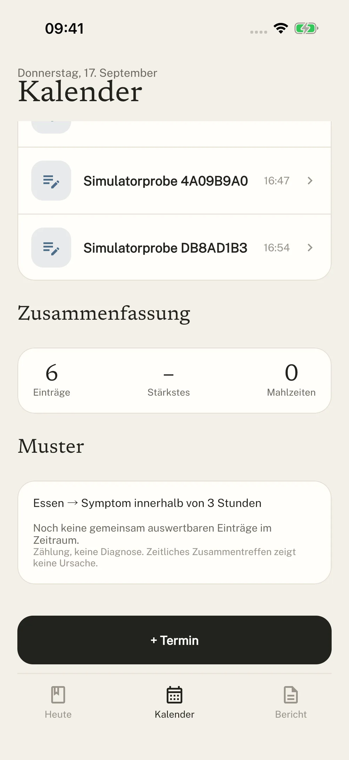 Original screenshot: Symtag calendar with recorded example entries, in German.