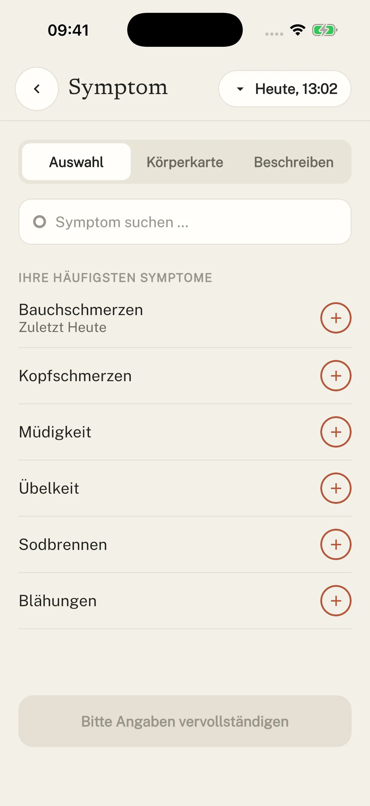 Original Symtag screenshot (German interface): Choose a symptom.