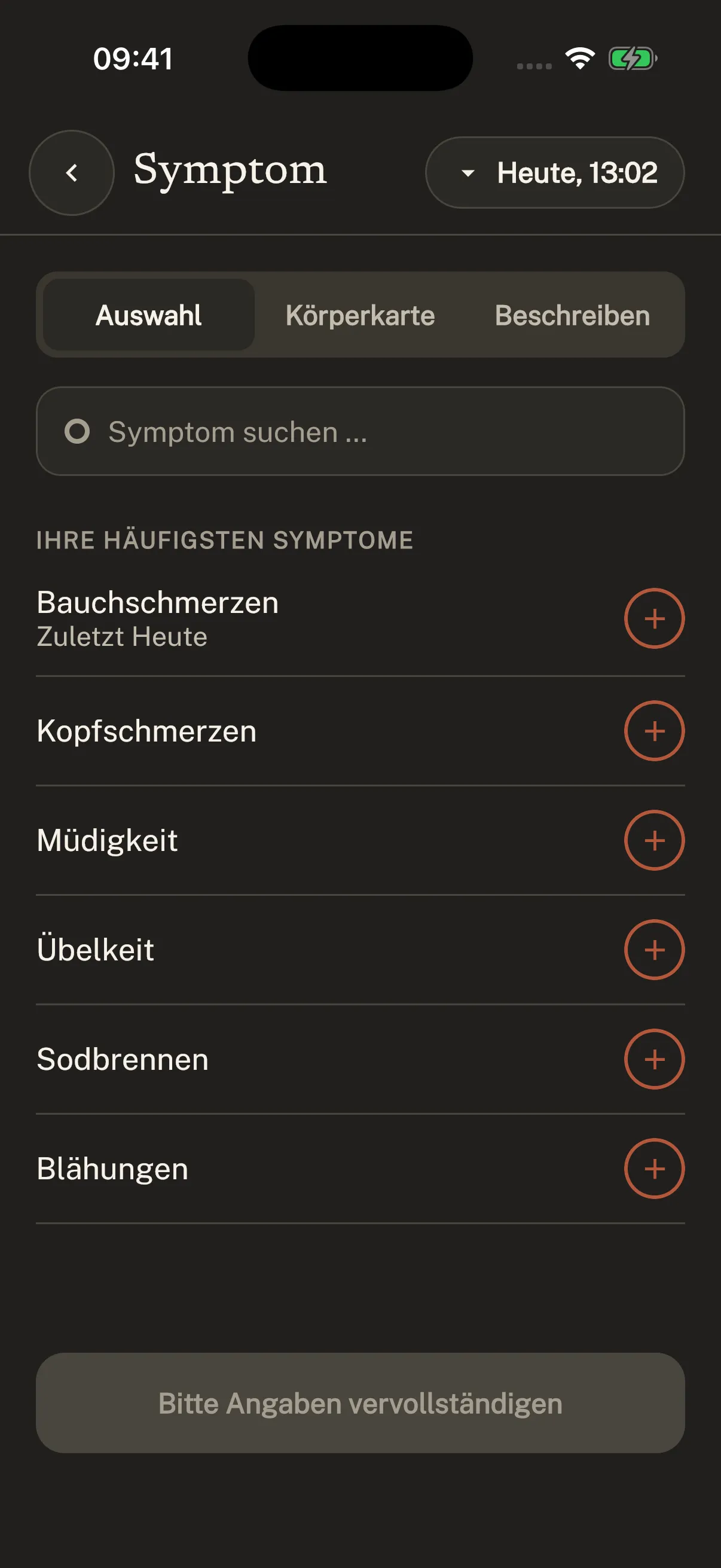Original Symtag screenshot (German interface): Choose a symptom.